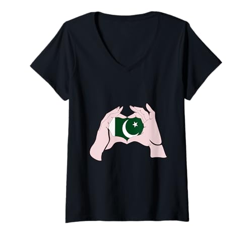 Damen Pakistan Handzeichen Herz Pakistani Pride Pakistanische Flagge T-Shirt mit V-Ausschnitt Damen Pakistan Handzeichen Herz Pakistani Pride Pakistanische Flagge T-Shirt mit V-Ausschnitt von Cool Pakistani Roots Pakistan