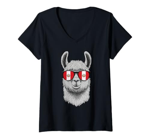 Damen Peru Alpaka Portrait Sonnenbrille Peruanische Flagge Peruanischer Stolz T-Shirt mit V-Ausschnitt von Cool Peruvian Roots Peru Kids Womens Mens