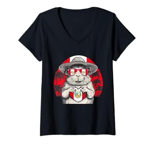Damen Peru-Flagge, Peruanische Wurzeln, Meerschweinchen, Sonnenuntergang, peruanischer Stolz T-Shirt mit V-Ausschnitt Damen Peru-Flagge, Peruanische Wurzeln, Meerschweinchen, Sonnenuntergang, peruanischer Stolz T-Shirt mit V-Ausschnitt von Cool Peruvian Roots Peru