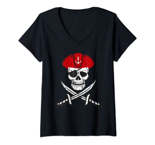 Damen Piraten Shirt Kinder oder Erwachsene Schwerter und Totenkopf T-Shirt mit V-Ausschnitt von Cool Pirate Shirts