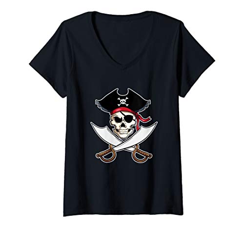 Damen Piraten Shirt Kinder oder Erwachsene Schwerter und Totenkopf T-Shirt mit V-Ausschnitt von Cool Pirate Shirts
