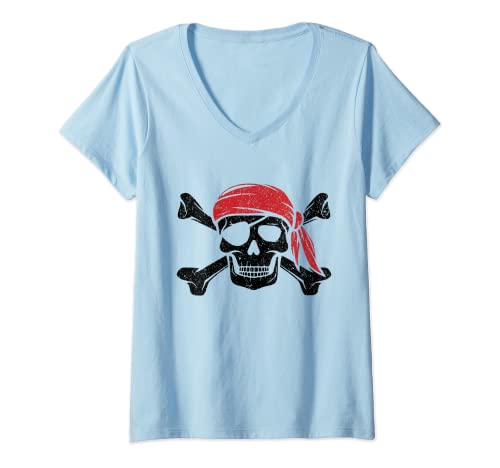 Damen Piratenhemd für Kinder oder Erwachsene, gekreuzte Knochen und Totenschädel T-Shirt mit V-Ausschnitt von Cool Pirate Shirts