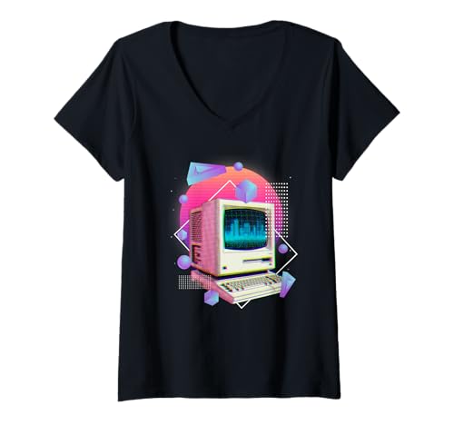 Damen Vaporwave Retro Computer 3D Formen Halbton T-Shirt mit V-Ausschnitt Damen Vaporwave Retro Computer 3D Formen Halbton T-Shirt mit V-Ausschnitt von Cool Pixel Apparel
