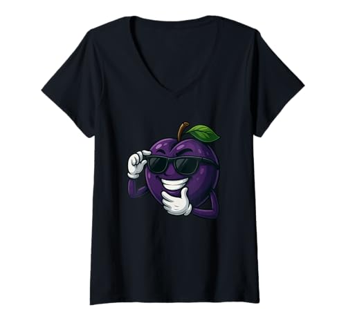 Damen Coole Pflaume Cartoon lustige lila Frucht mit Sonnenbrille T-Shirt mit V-Ausschnitt Damen Coole Pflaume Cartoon lustige lila Frucht mit Sonnenbrille T-Shirt mit V-Ausschnitt von Cool Plum Cartoon Fruit Character