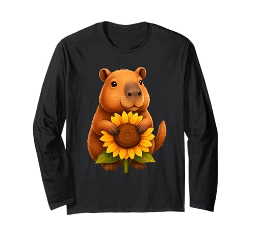 Süße Capybara Umarmung helle Sommer-Sonnenblume Männer Frauen Kinder Langarmshirt von Cool Raccoon Sunflower Outfits Apparel