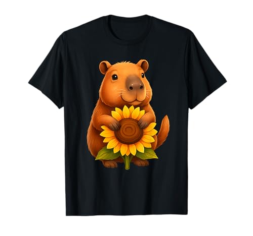 Süße Capybara Umarmung helle Sommer-Sonnenblume Männer Frauen Kinder T-Shirt von Cool Raccoon Sunflower Outfits Apparel