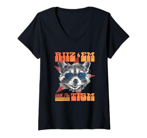 Damen Riz'Em with The Tism Waschbär-Stil T-Shirt mit V-Ausschnitt Damen Riz'Em with The Tism Waschbär-Stil T-Shirt mit V-Ausschnitt von Cool Raccoon Sunglasses Humor Vibe