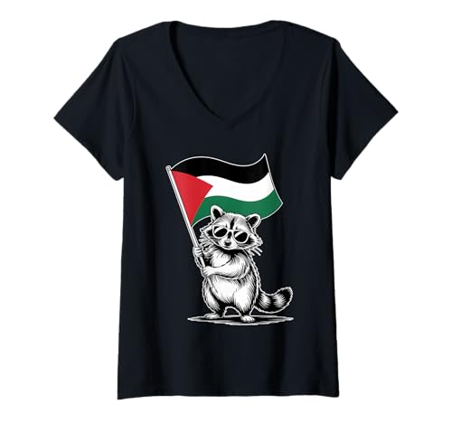 Damen Lustiges Waschbär mit Palästina Flagge T-Shirt mit V-Ausschnitt Damen Lustiges Waschbär mit Palästina Flagge T-Shirt mit V-Ausschnitt von Cool Raccoon with Polish Flag