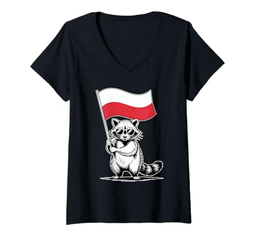 Damen Waschbär mit Polen Flagge T-Shirt mit V-Ausschnitt Damen Waschbär mit Polen Flagge T-Shirt mit V-Ausschnitt von Cool Raccoon with Polish Flag