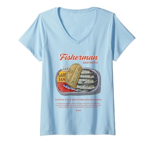 Damen Fisherman Aesthetic Retro Vintage Fishing Style Sardinen Dose T-Shirt mit V-Ausschnitt Damen Fisherman Aesthetic Retro Vintage Fishing Style Sardinen Dose T-Shirt mit V-Ausschnitt von Cool Retro Vibes in Trending Fisherman Aesthetic