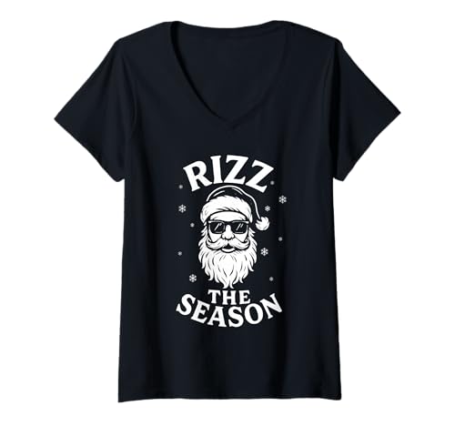 Damen Rizz The Season Lustiges Weihnachtsmann-Weihnachtsfest T-Shirt mit V-Ausschnitt Damen Rizz The Season Lustiges Weihnachtsmann-Weihnachtsfest T-Shirt mit V-Ausschnitt von Cool Rizzler Santa Sunglasses XMAS Rizzmas Design