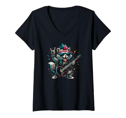 Damen Rockstar Raccoon Lustiger Punkrock-Gitarren-Musikliebhaber T-Shirt mit V-Ausschnitt Damen Rockstar Raccoon Lustiger Punkrock-Gitarren-Musikliebhaber T-Shirt mit V-Ausschnitt von Cool Rock and Roll Music Animal Men Women Kids
