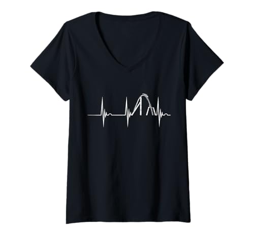 Damen Achterbahn Heartbeat EKG Pulse Themenpark Thrillseeker T-Shirt mit V-Ausschnitt von Cool Roller Coaster Theme Park Carnival Ride