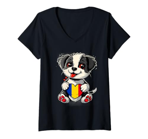 Damen Rumänien Niedlicher Hund Herz Rumänische Flagge Rumänische Wurzeln T-Shirt mit V-Ausschnitt Damen Rumänien Niedlicher Hund Herz Rumänische Flagge Rumänische Wurzeln T-Shirt mit V-Ausschnitt von Cool Romanian Roots Romania