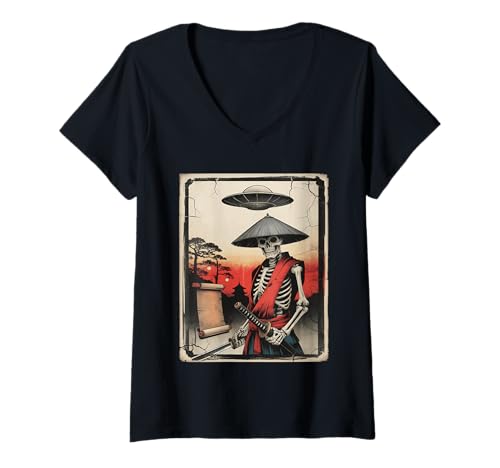 Damen Samurai Skelett Japan UFO Lustige Japanische Ukiyo-e Kunst T-Shirt mit V-Ausschnitt von Cool Samurai Japan Japanese Retro Gifts