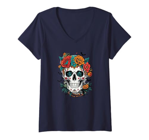 Damen Totenkopf Gothic Rosen Fledermäuse Blumen Alternative Halloween Spaß T-Shirt mit V-Ausschnitt Damen Totenkopf Gothic Rosen Fledermäuse Blumen Alternative Halloween Spaß T-Shirt mit V-Ausschnitt von Cool Sarcastic Punk Goth Rocker Skull CLR