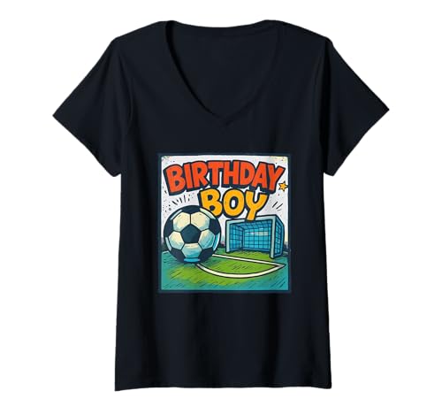 Damen Fußball Geburtstag Junge Fußballtor Kinder Geburtstag Party T-Shirt mit V-Ausschnitt von Cool Soccer and Sports Birthday Outfits for Kids