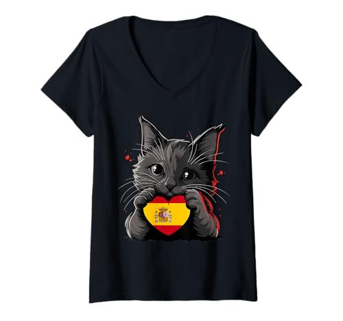 Damen Spanien-Flagge, spanischer Stolz, spanische Wurzeln, Espanische Katze, Herz T-Shirt mit V-Ausschnitt Damen Spanien-Flagge, spanischer Stolz, spanische Wurzeln, Espanische Katze, Herz T-Shirt mit V-Ausschnitt von Cool Spain Flag Espanol Spanish