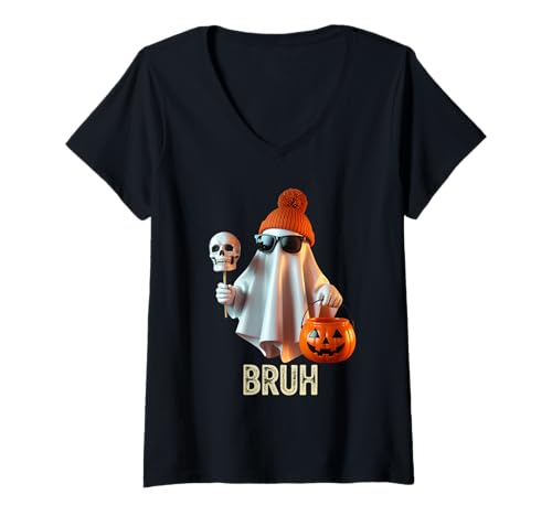 Damen Lustiger Geist Spruch Bruh Halloween Meme Humor Frauen Männer T-Shirt mit V-Ausschnitt von Cool Spooky Costume Skeleton Pumpkin Trick Treat