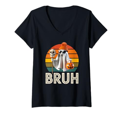 Damen Lustiger Geist Spruch Bruh Halloween Meme Humor Frauen Männer T-Shirt mit V-Ausschnitt von Cool Spooky Costume Skeleton Pumpkin Trick Treat