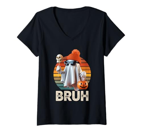Damen Lustiger Geist Spruch Bruh Halloween Meme Humor Frauen Männer T-Shirt mit V-Ausschnitt Damen Lustiger Geist Spruch Bruh Halloween Meme Humor Frauen Männer T-Shirt mit V-Ausschnitt von Cool Spooky Costume Skeleton Pumpkin Trick Treat