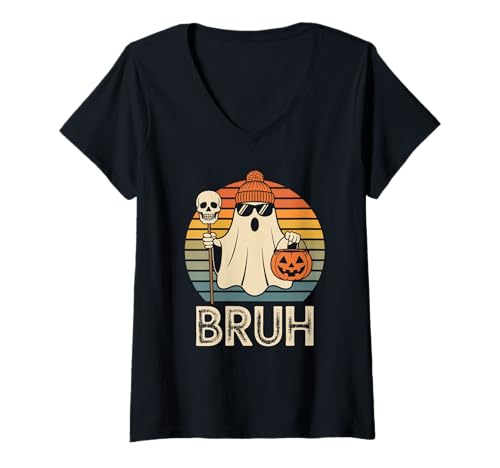 Damen Lustiger Geist Spruch Bruh Halloween Meme Humor Frauen Männer T-Shirt mit V-Ausschnitt Damen Lustiger Geist Spruch Bruh Halloween Meme Humor Frauen Männer T-Shirt mit V-Ausschnitt von Cool Spooky Costume Skeleton Pumpkin Trick Treat