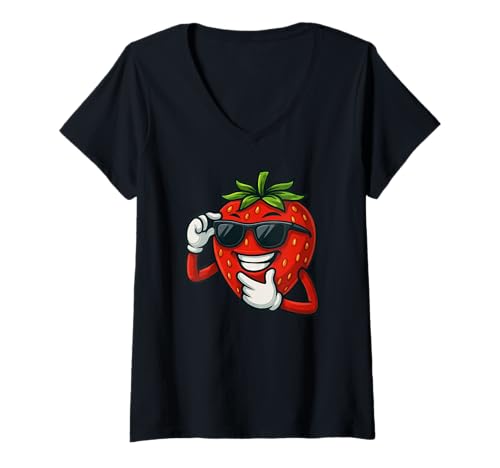 Damen Coole Erdbeer-Cartoon-Lustig mit Sonnenbrille T-Shirt mit V-Ausschnitt Damen Coole Erdbeer-Cartoon-Lustig mit Sonnenbrille T-Shirt mit V-Ausschnitt von Cool Strawberry Cartoon Fruit Character