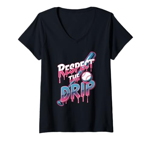 Damen Respect The Drip Baseball Bat Dripping Letters Baseball T-Shirt mit V-Ausschnitt von Cool Streetwear Baseball Respekt The Drip Grafik