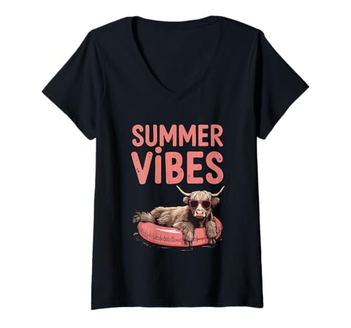 Damen Summer Vibes Cool Highland Cow Sonnenbrille Fun T-Shirt mit V-Ausschnitt Damen Summer Vibes Cool Highland Cow Sonnenbrille Fun T-Shirt mit V-Ausschnitt von Cool Summer Highland Cow Vibes Fun Style