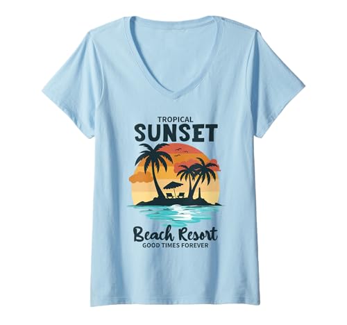 Damen Tropical Sunset Sommer Gefühle Palmen Strand Urlaub T-Shirt mit V-Ausschnitt Damen Tropical Sunset Sommer Gefühle Palmen Strand Urlaub T-Shirt mit V-Ausschnitt von Cool Summer Retro Palmen Meer Sonne Party