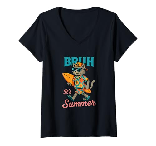 Damen Bruh It's Summer Katze mit Surfbrett Strandspaß T-Shirt mit V-Ausschnitt Damen Bruh It's Summer Katze mit Surfbrett Strandspaß T-Shirt mit V-Ausschnitt von Cool Summer Vibes Surfing Cat Fun Beach Time