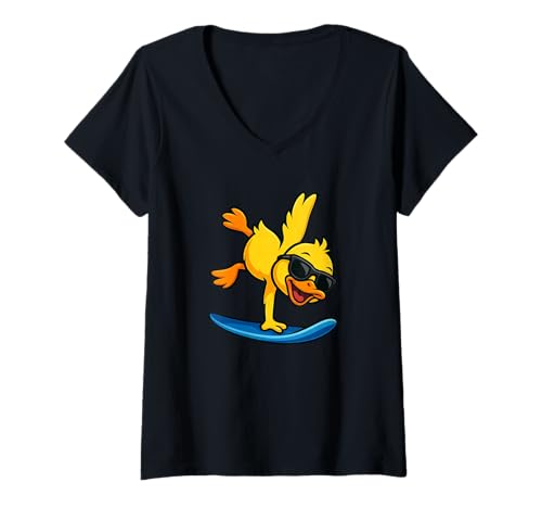 Damen Lustiges Surfen Ente Strand Sommer Cool Cartoon Tier T-Shirt mit V-Ausschnitt Damen Lustiges Surfen Ente Strand Sommer Cool Cartoon Tier T-Shirt mit V-Ausschnitt von Cool Surfer Duck Summer Animal