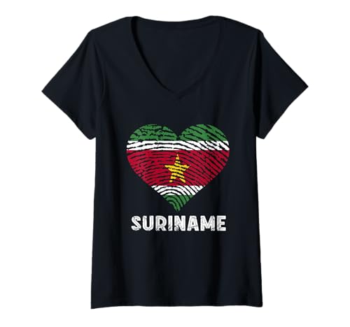 Damen Suriname-Flagge, Herz, surinamische Wurzeln, Surinamischer Stolz T-Shirt mit V-Ausschnitt Damen Suriname-Flagge, Herz, surinamische Wurzeln, Surinamischer Stolz T-Shirt mit V-Ausschnitt von Cool Surinamese Roots Suriname