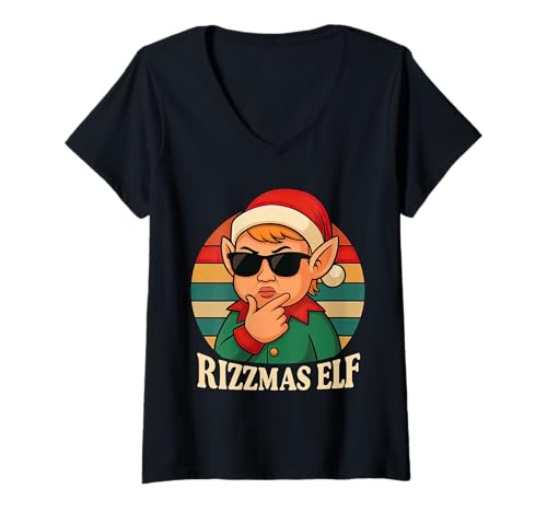 Damen Lustiges Rizz Weihnachtssigma im Retro-Look von Rizzmas Elf T-Shirt mit V-Ausschnitt Damen Lustiges Rizz Weihnachtssigma im Retro-Look von Rizzmas Elf T-Shirt mit V-Ausschnitt von Cool Swag Elf XMAS Holiday Rizz Humor