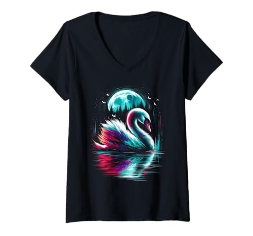 Damen Bunte Schwanen-Vogel-Geist-Tier-coole Illustration T-Shirt mit V-Ausschnitt Damen Bunte Schwanen-Vogel-Geist-Tier-coole Illustration T-Shirt mit V-Ausschnitt von Cool Swan Spirit Animal Illustration Store