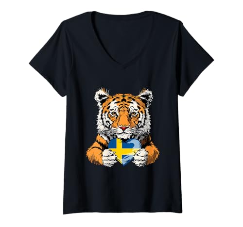 Damen Swedish Tiger Sverige Heart Swedish Pride mit schwedischer Flagge T-Shirt mit V-Ausschnitt Damen Swedish Tiger Sverige Heart Swedish Pride mit schwedischer Flagge T-Shirt mit V-Ausschnitt von Cool Swedish Roots Sweden