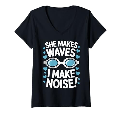 Damen Schwimmen Sie macht Wellen Ich mache Lärm Lustiges Schwimmen T-Shirt mit V-Ausschnitt von Cool Swimmer Funny Swimming Parents Design