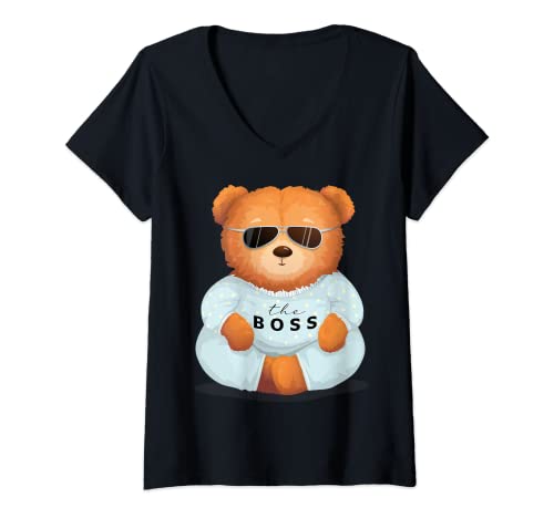 Damen Cooler Teddybär mit Sonnenbrille Teddy Lover, The Boss, Bossy T-Shirt mit V-Ausschnitt Damen Cooler Teddybär mit Sonnenbrille Teddy Lover, The Boss, Bossy T-Shirt mit V-Ausschnitt von Cool Teddy Bear with Sunglasses Teddy Lover Tee
