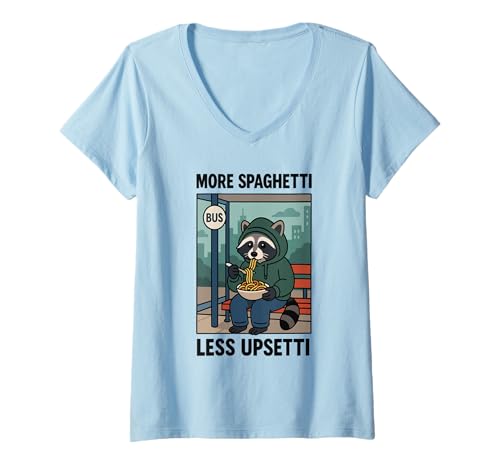 Damen More Spaghetti Less Upsetti Lustiger Waschbär T-Shirt mit V-Ausschnitt von Cool Tees
