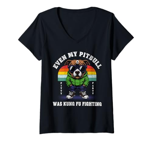 Damen Herren Pitty Party Funny Even My Pitbull Was Kung Fu Fighting T-Shirt mit V-Ausschnitt Damen Herren Pitty Party Funny Even My Pitbull Was Kung Fu Fighting T-Shirt mit V-Ausschnitt von Cool Things For Pitball Dog Owners