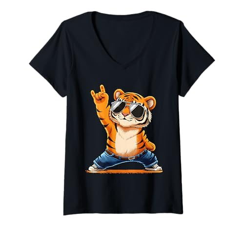 Damen Retro Tiger Rock Hand Sonnenbrille Tier für Männer Kinder Frauen T-Shirt mit V-Ausschnitt Damen Retro Tiger Rock Hand Sonnenbrille Tier für Männer Kinder Frauen T-Shirt mit V-Ausschnitt von Cool Tiger Rock Music Funny Animal