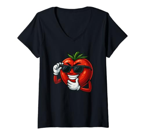 Damen Coole Tomaten-Karikatur lustig mit Sonnenbrille T-Shirt mit V-Ausschnitt von Cool Tomato Cartoon Fruit Character