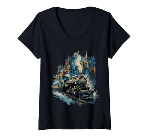 Damen Dampfzug Fantasy Castle Magic Vintage Travel T-Shirt mit V-Ausschnitt von Cool Train Tees