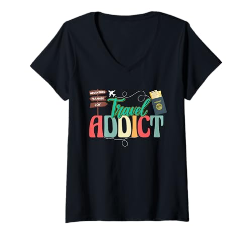 Damen Reisesüchtiger T-Shirt mit V-Ausschnitt Damen Reisesüchtiger T-Shirt mit V-Ausschnitt von Cool Trip Outdoor Tourist Vacation Partner