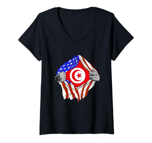 Damen Tunesien Amerika USA Truhe Tunesien Stolz Tunesische Flagge T-Shirt mit V-Ausschnitt von Cool Tunisian Roots Tunisia