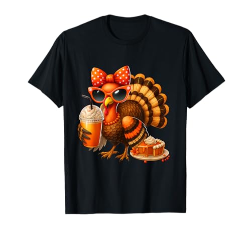 Truthahn Trinkkaffee Schleife Thanksgiving Damen Türkei Tag T-Shirt von Cool Turkey with Pumpkin Pie and Drink