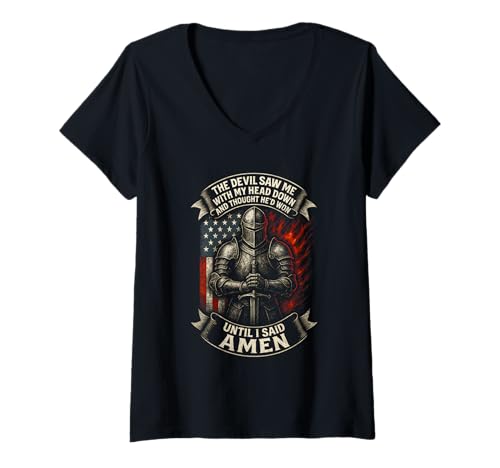 Damen Der Teufel sah mich mit meinem Kopf und dachte, er hätte gewonnen, bis ich Amen sagte T-Shirt mit V-Ausschnitt Damen Der Teufel sah mich mit meinem Kopf und dachte, er hätte gewonnen, bis ich Amen sagte T-Shirt mit V-Ausschnitt von Cool Until I Said Amen Designs