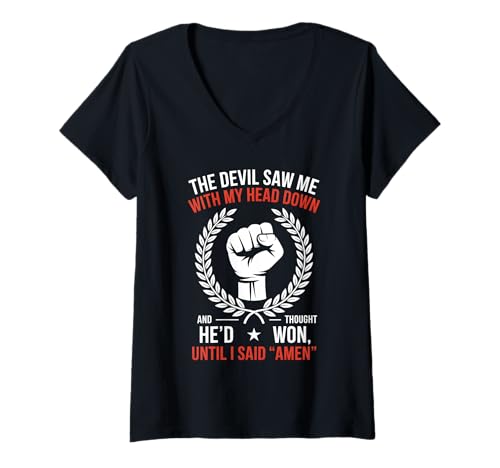 Damen Der Teufel sah mich mit meinem Kopf und dachte, er hätte gewonnen, bis ich Amen sagte T-Shirt mit V-Ausschnitt Damen Der Teufel sah mich mit meinem Kopf und dachte, er hätte gewonnen, bis ich Amen sagte T-Shirt mit V-Ausschnitt von Cool Until I Said Amen Designs