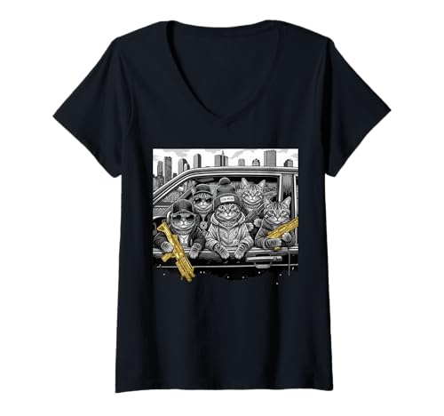 Damen Lustiger Don Meow Gang City Cats Drive Retro Urban Style T-Shirt mit V-Ausschnitt von Cool Urban Cat Gang Vintage Art for Animal Lovers