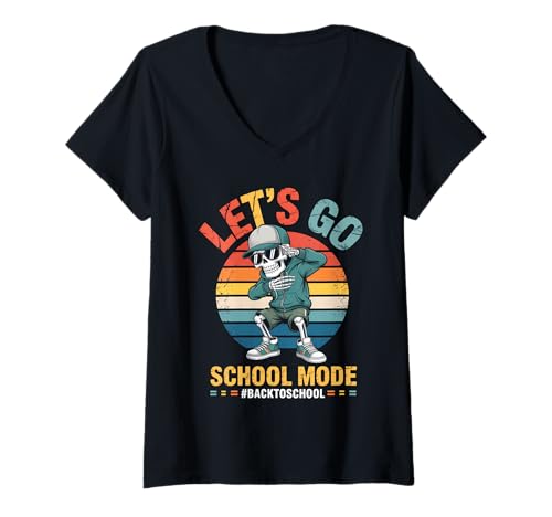 Damen Funny Back to School Vibes Retro Skeleton School Mode Kids T-Shirt mit V-Ausschnitt von Cool Vibes Back to School Outfit Collection